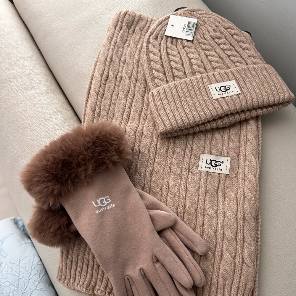 NWT UGG  BUY NOW Tan Knit Beanie, Scarf, and Gloves Set